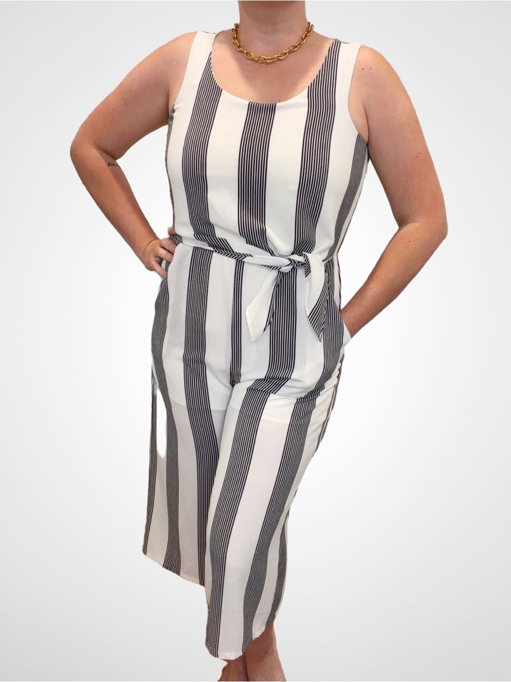 A.U.W Sleeveless White & Black Vertical Stripe Jumpsuit with Waist Tie, Large